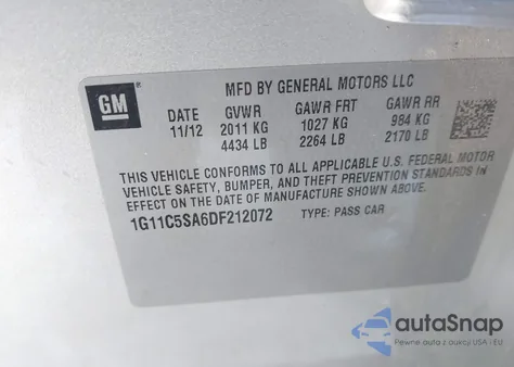 2013 Chevrolet Malibu 1Lt из США, поврежденный, VIN 1G11C5SA6DF212072